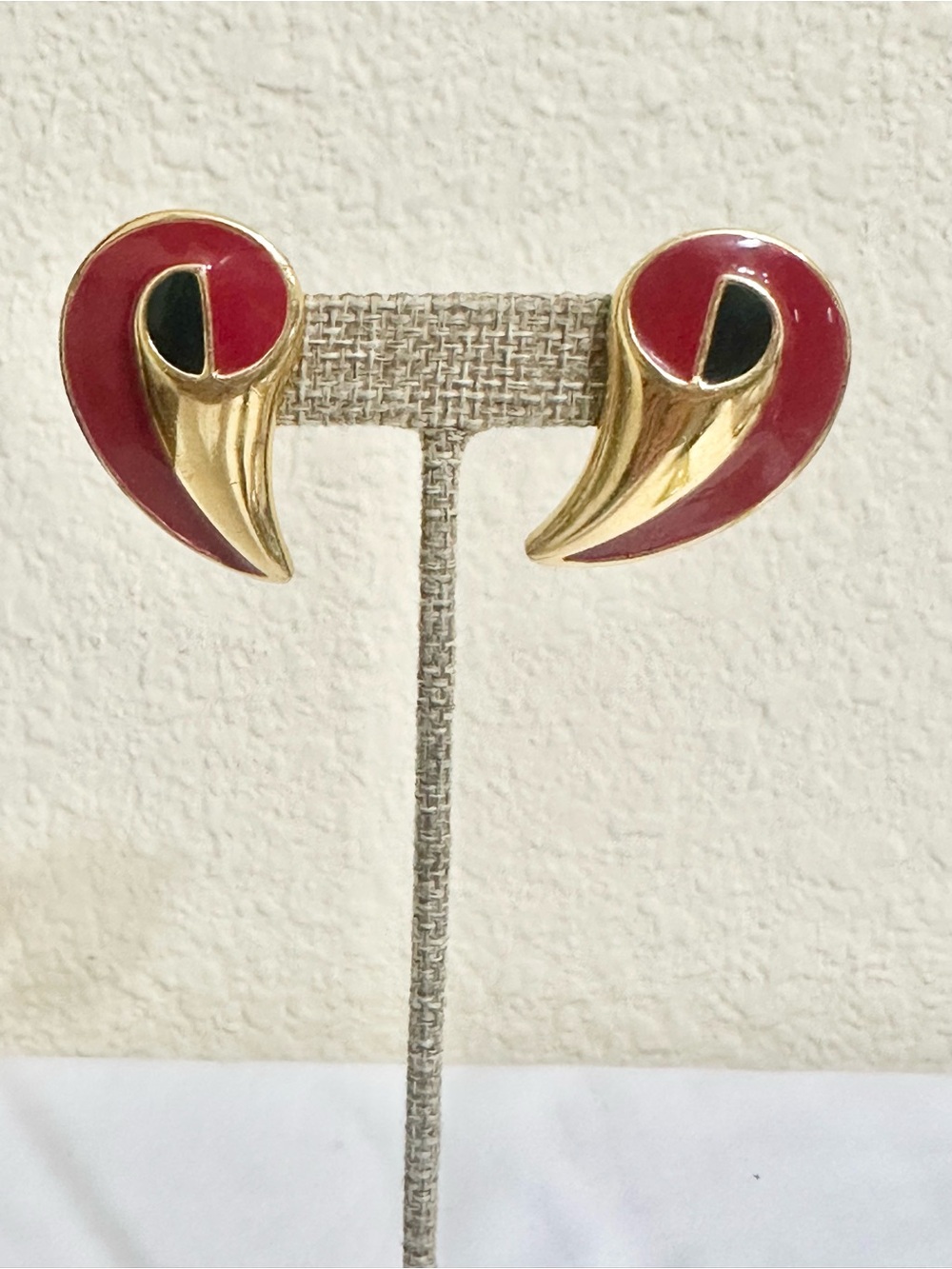 Vintage Stamped MONET Gold-Tone Red Enamel Statement Earrings - Clips
